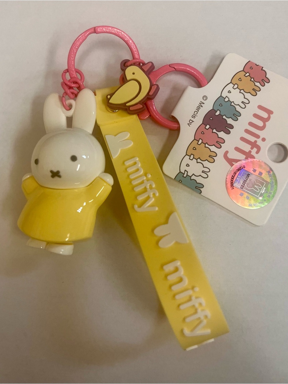 miffy Yellow Bunny Keyring with Pink Rings and Bird Charm